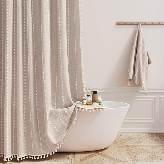 BTTN Boho Shower Stall Curtain - 36x72 Narrow Linen Ultra Thick Striped Tassel Fabric Shower Curtain Set with 6 Hooks, Half Modern Farmhouse Cottage Weighted Shower Curtains for Bathroom -Tan/Taupe