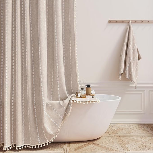 BTTN Extra Long Shower Curtain, 72x96 Long Striped Boho Chic Linen Fabric Heavy Duty Shower Curtain Set with Hooks, Tall Bohemian Farmhouse Luxury Tassel Cloth Shower Curtains for Bathroom, Tan/Taupe