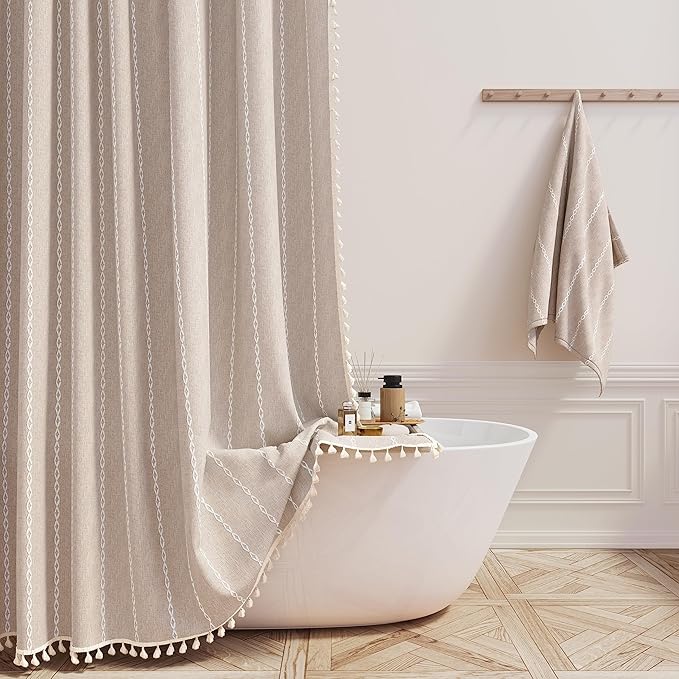 BTTN Stall Fabric Shower Curtain - 54x72 Inch Boho Linen Weighted Striped Shower Curtain Set with 10 Hooks, Narrow Rustic Modern Farmhouse Neutral Thick Cloth Shower Curtains for Bathroom - Taupe/Tan