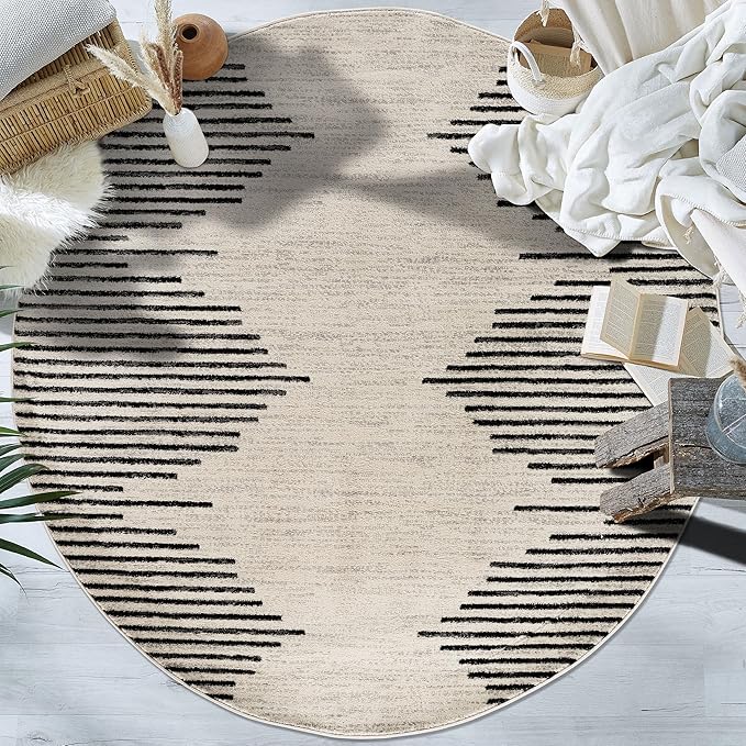 Rugshop Bohemian Stripe Stain Resistant High Traffic Living Room Kitchen Bedroom Dining Home Office Round Rug 8' Cream